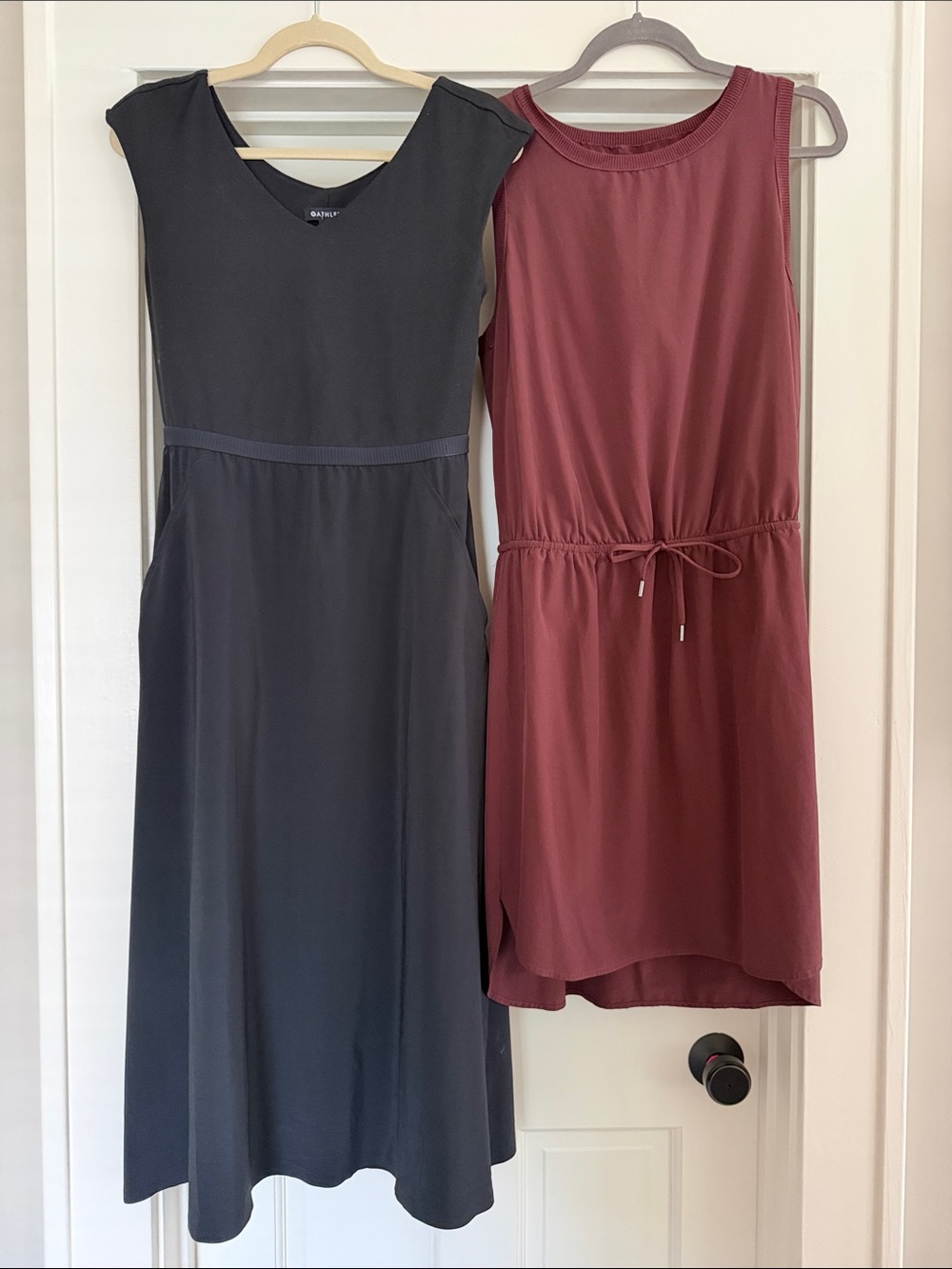Athleta Bundle of Two Sleeveless Drawstring Dresses- Burgundy and Black